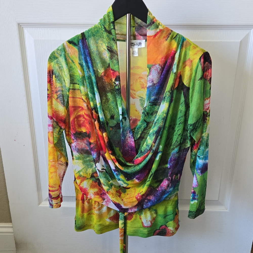 Green and Orange Draped 3/4‎ Sleeve Blouse